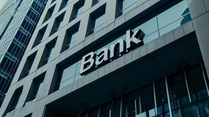 sign logo of Bank lights up, for attracting customers, hanging on the wall of building. Financial concept