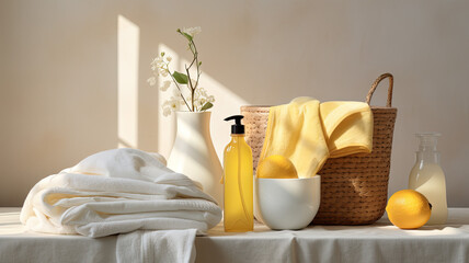 Neat Home Essentials: Basket of Towels and Cleaning Supplies