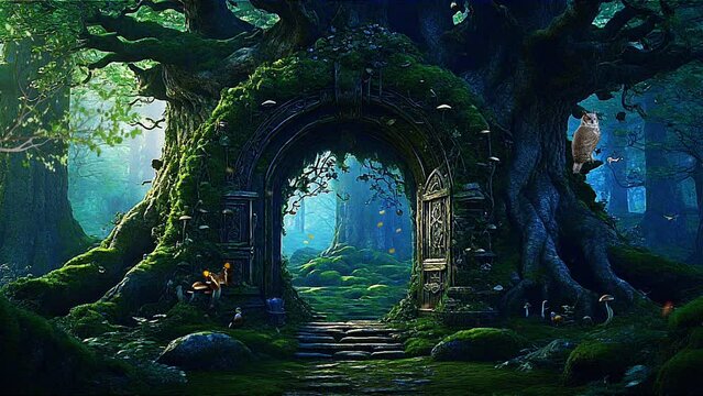 Magical archway entrance in a tree trunk forest fantasy with moss and butterflies loop