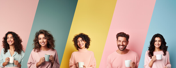 Collage Of People Portraits. women and men with coffee cup in hand on pastel background looking away to side with smile on face, natural expression. Laughing confident. - obrazy, fototapety, plakaty