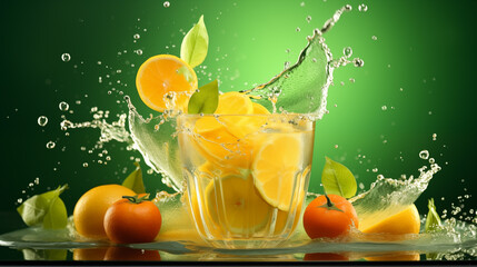 photo for advertise fruit floating on air mix combine orange and apple with splash water on green background
