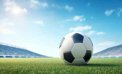 Fototapeta premium Detail of a Soccer ball on the grass with beautiful clear sky view