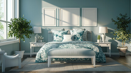 A coastal-inspired bedroom with light teal accents, a patterned bed, and a white empty frame mockup on the wall. 