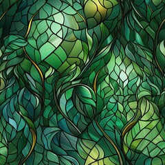 seamless pattern with green stained glass window texture