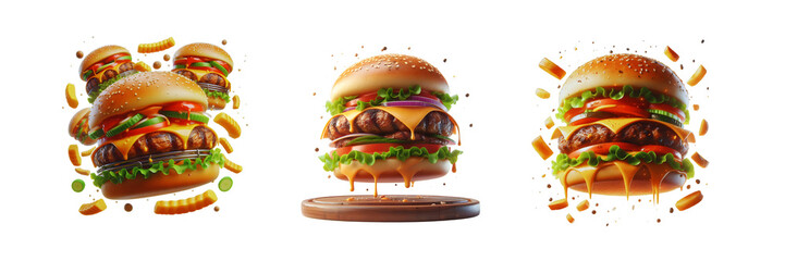 Set of Grill burger, realistic 3d burgers falling in the air, isolated over on transparent white background.