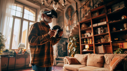 An elderly man standing sideways, wearing virtual reality glasses, with HTC vr controllers in his hands, without wires