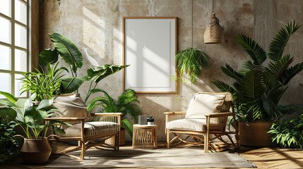 A tropical vibe with bamboo furniture, lush green plants, and a white empty frame mockup on the wall. 