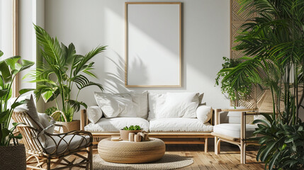 A tropical vibe with bamboo furniture, lush green plants, and a white empty frame mockup on the wall