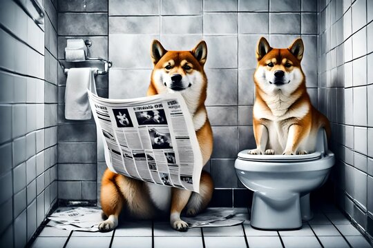 Street art artistic image of a fat delightful shiba dog sitting on a toilet reading newspaper in white bathroom shot with sony camera with dramatic lighting
