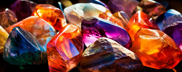 A scattering of multicolored gemstones of various shapes and sizes in blue, violet, visually...