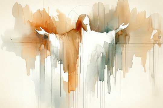 Jesus Christ in worship. Abstract watercolor background. Digital watercolor painting.