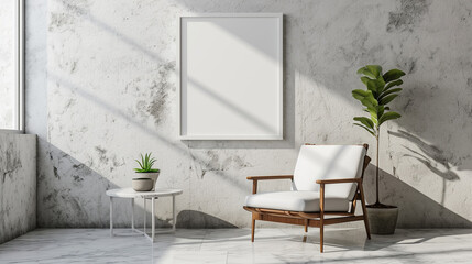 A white empty frame mockup on the wall above a mid-century modern-style chair, a marble side table, and a small succulent.