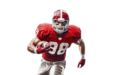 American football sportsman player with red equipment in action on a cut out PNG transparent background