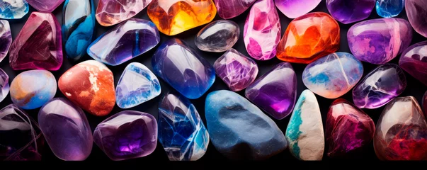  A scattering of multicolored gemstones of various shapes and sizes in blue, violet, visually textured mosaics. The beauty of natural minerals. Abstract background. Banner © stateronz