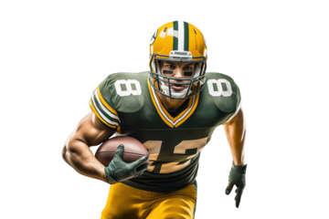 Caucasian American football sportsman player running with the ball on a clipped PNG transparent background