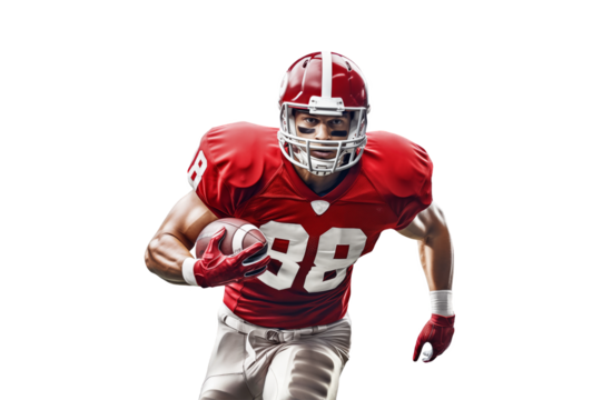 American football sportsman player with red equipment in action on a cut out PNG transparent background