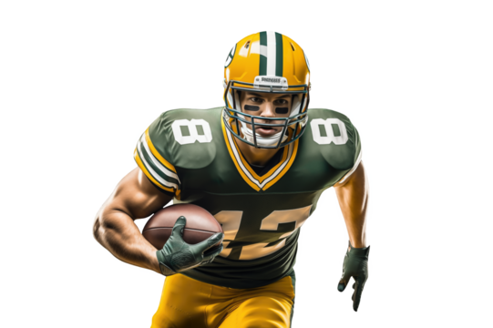 Caucasian American football sportsman player running with the ball on a clipped PNG transparent background