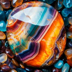 Macro shot of exquisite polished agate, with a complex pattern of bands and layers in a kaleidoscope of colors from translucent blue to fiery orange on smooth surface. Geology. The beauty of minerals