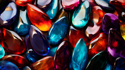 A scattering of multicolored gemstones of various shapes and sizes in blue, violet, visually textured mosaics. The beauty of natural minerals. Abstract background. Banner