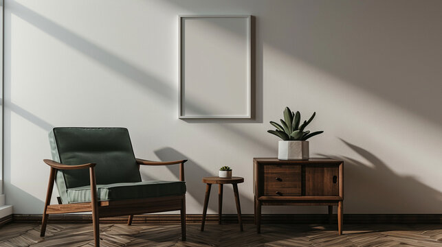 A white empty frame mockup on the wall above a mid-century modern chair and a small side table with a succulent. 