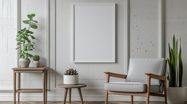 A white empty frame mockup on the wall above a mid-century modern chair and a small side table with a succulent. 