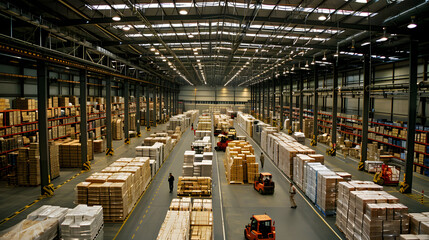 a major international logistics center, capturing the essence of global supply chains in action. The scene includes a vast warehouse filled with rows of merchandise, busy workers operating forklifts
