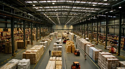 Foto op Plexiglas a major international logistics center, capturing the essence of global supply chains in action. The scene includes a vast warehouse filled with rows of merchandise, busy workers operating forklifts © Christian