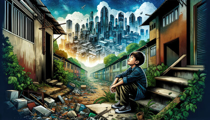 Naklejka premium Hopeful Boy Dreaming of Eco-Friendly Future in Urban Junkyard - AI-Generated Illustration