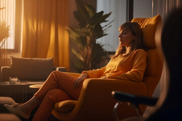 Obraz premium A woman at an appointment with an experienced psychologist, a psychiatry specialist, a psychological support session at home, in a cozy room