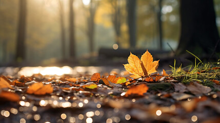 Autumn leaves on forest ground with water droplets