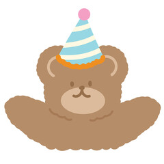 Teddy bear with party hat for cartoon character for comic, mascot, cute animal sticker, pet icon, brand logo, pet icon, vet, fabric print, happy, fashion, accessory, art, school, birthday element