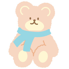 Teddy bear with pastel blue scarf for cartoon character for comic, mascot, cute animal sticker, pet icon, brand logo, pet icon, vet, fabric print, winter fashion, accessory, art, school, social media
