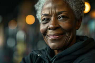 Close up portrait of a mature active black african american woman at the gym
