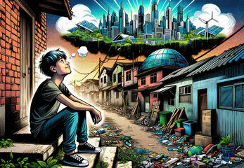 Hopeful Boy Dreaming of Eco-Friendly Future in Urban Junkyard - AI-Generated Illustration