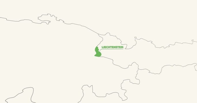 World Map Zoom In To Liechtenstein. Animation in 4K Video. Green Liechtenstein Territory On Blue and White World Map