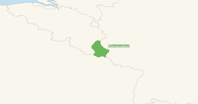 World Map Zoom In To Luxembourg. Animation in 4K Video. Green Luxembourg Territory On Blue and White World Map
