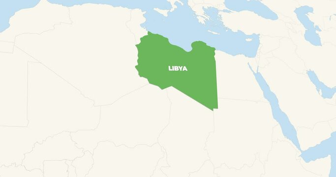 World Map Zoom In To Libya. Animation in 4K Video. Green Libya Territory On Blue and White World Map