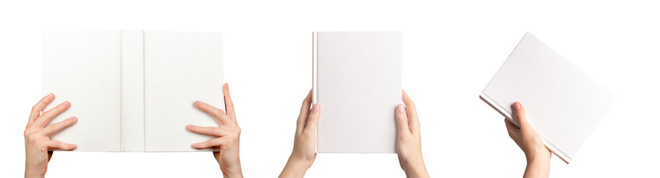 Book cover mockup set. Blank hard cover, hardback mock up isolated on white transparent png