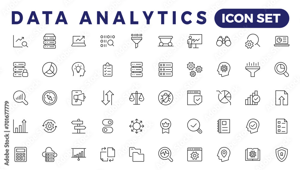 Poster data analytics web icons set in thin line design. pack of database, big data process, ai, monitoring
