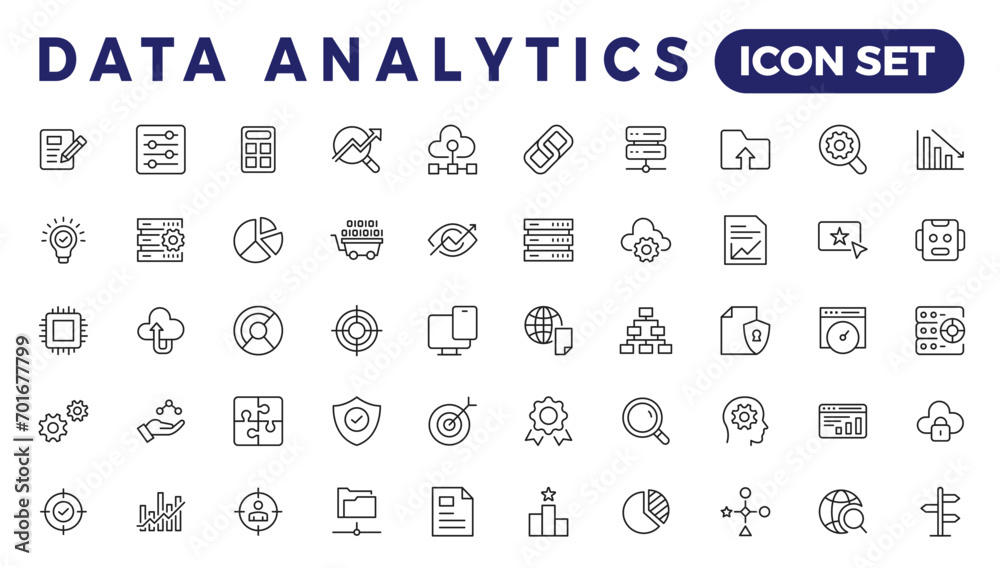 Poster data analytics web icons set in thin line design. pack of database, big data process, ai, monitoring