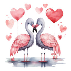 Two pink flamingos. Trendy Watercolor Cartoon Elements: Perfect for Valentine's Day Greeting Cards (Clip Art Style). Generative ai
