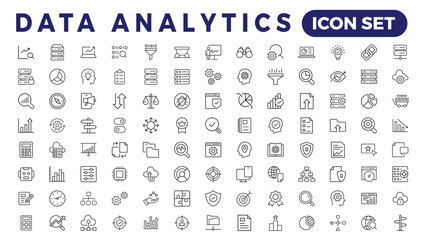 Fototapeta na wymiar Data analytics web icons set in thin line design. Pack of database, big data process, ai, monitoring, traffic, hosting service, optimization, backup, chart and other. Vector outline stroke icon design