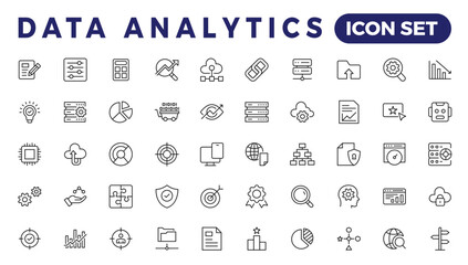 Data analytics web icons set in thin line design. Pack of database, big data process, ai, monitoring, traffic, hosting service, optimization, backup, chart and other. Vector outline stroke icon design - obrazy, fototapety, plakaty