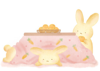 こたつに入って温まるウサギ達の水彩イラスト