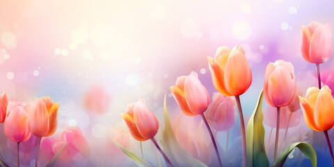 Spring background, delicate pink tulips on a blurred background, bokeh