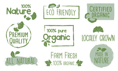 Organic food, healthy life and natural product labels and badges for food market, ecommerce, organic products promotion.