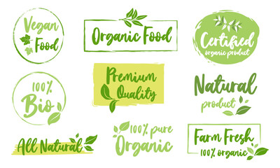 Organic food, healthy life and natural product labels and badges for food market, ecommerce, organic products promotion. - obrazy, fototapety, plakaty