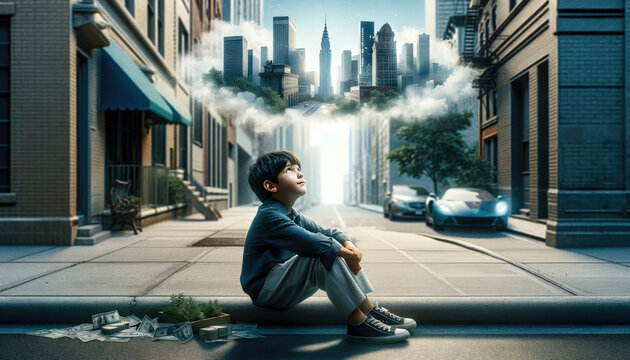 Young Boy Contemplating Future While Sitting on City Sidewalk - AI-Generated Illustration