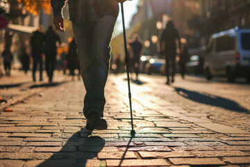 Close-up of blind man with walking stick moving through the streets of the city - obrazy, fototapety, plakaty