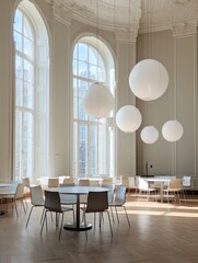 Drop shaped lights illuminating a cafeteria